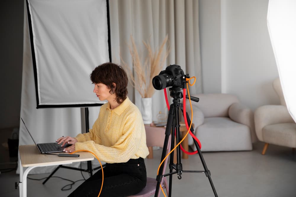 Creator working at a laptop in a home studio with a camera on a tripod